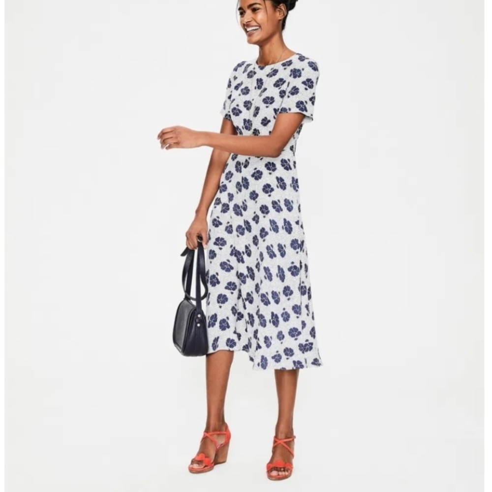Boden White Midi Dress with Navy Floral Print